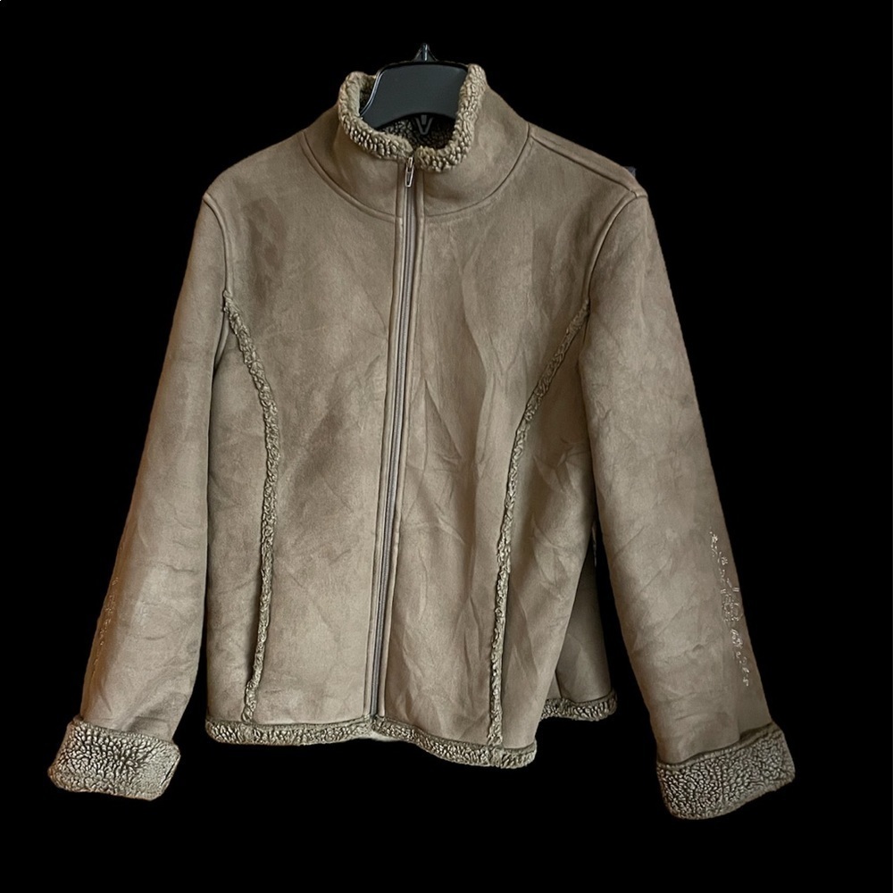 LL BEAN Women's Long Sleeve Sherpa Lined Embroidered Suede Jacket Sz L Brown‌‌
